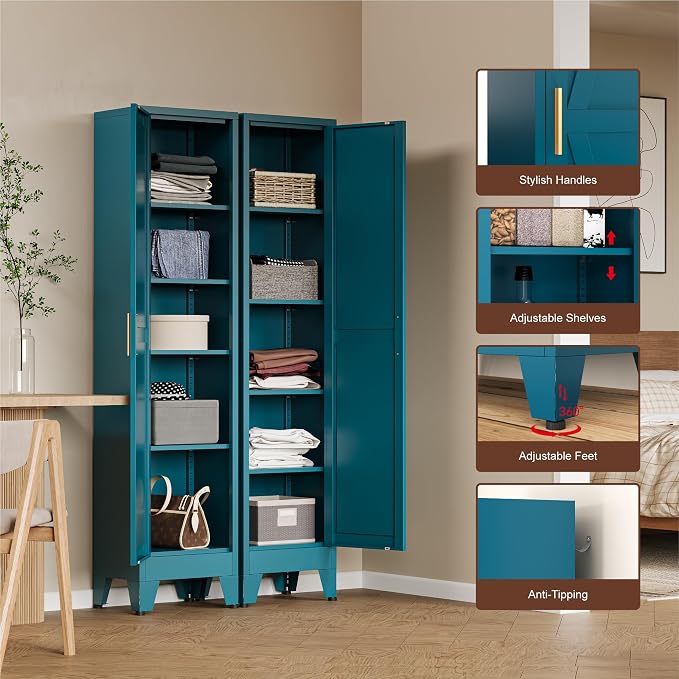 COFaR Tall Bathroom Cabinet, Metal Farmhouse Narrow Slim Storage Cabinet with Adjustable Shelves Barn Door for Bathrooms, Kitchens, Entrances Living Room (Blue)