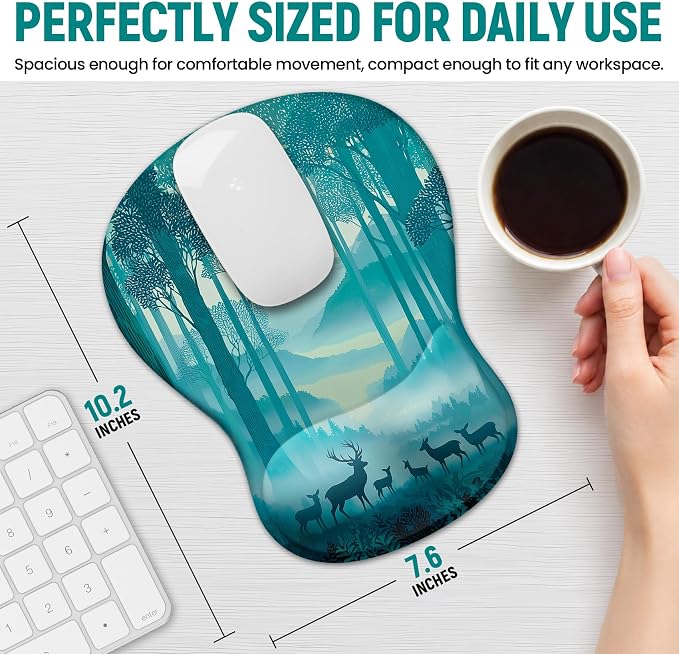 Ergonomic Mouse Pad with Wrist Rest, Gel Wrist Support, Deer Forest | 10.2 x 7.6 in Mouse Pad with Smooth Fabric Surface and Non-Slip Rubber Base for Office, Home, Study, and Gaming