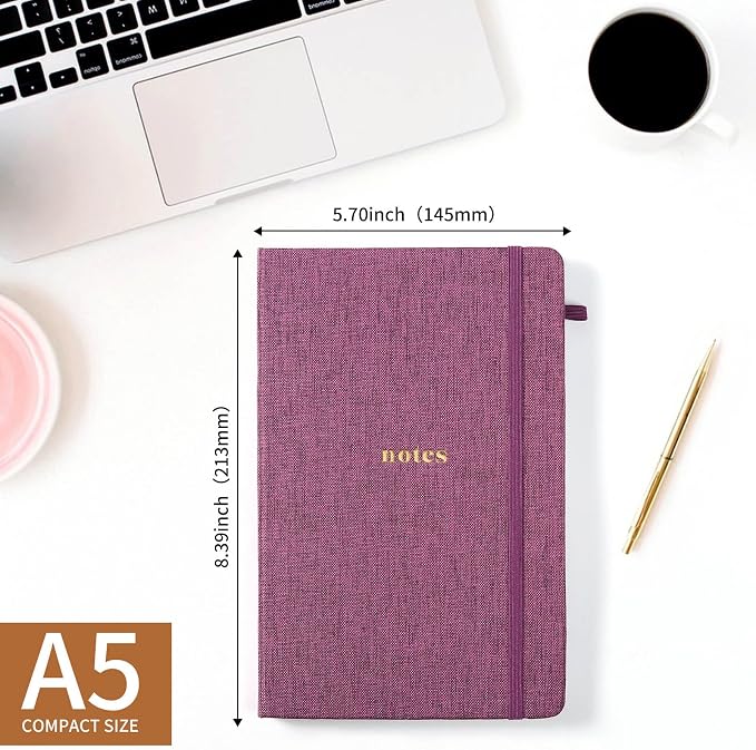 A5 Lined Journal Notebook, Fabric Hardcover | 100GSM Paper 160 Pages, 5.7"x8.39" College Ruled Journaling, with Elastic Band & Pen Loop, for Work, School (Purplish-red)