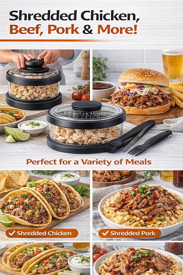 Chicken Shredder Tool, Large Meat Shredder with Handle, Easy Twist Chicken Breast Shredder, BPA Free, Fast & Effortless Shredding for Chicken, Pork & Beef, Includes Cleaning Brush & Fork