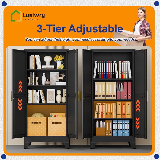 Metal Storage Cabinet with 2 Doors and 3 Adjustable Shelves - 61" Steel File Cabinet,Tool Cabinets for Office,Home,Garage,Gym,School,Bathroom,Kitchen(Black)