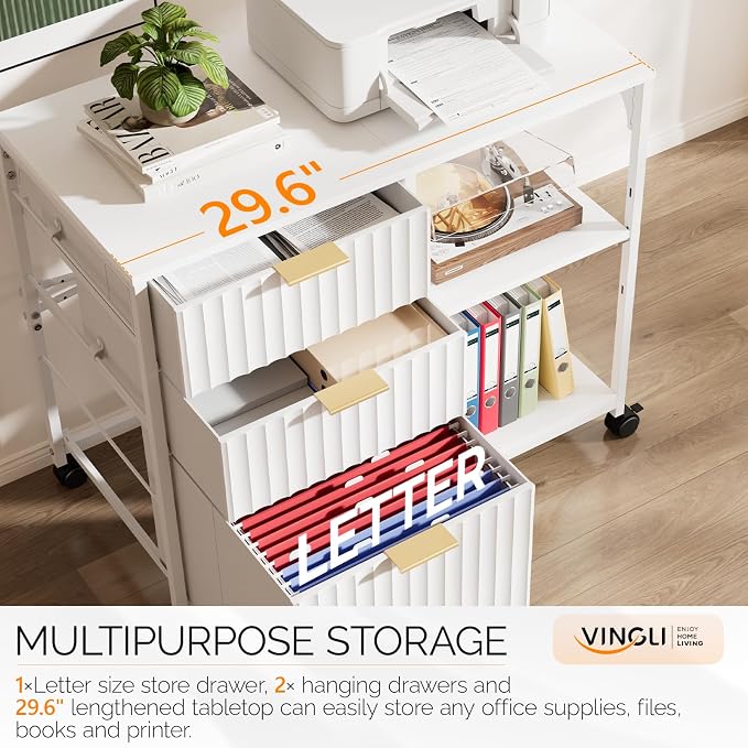 VINGLI 3 Drawer Mobile File Cabinet Printer Stand, Fluted Filing Cabinet with Open Storage Shelves Adjustable, Rolling Lateral Fabric Filing Cabinet for Home Office, Fits Letter Size, White