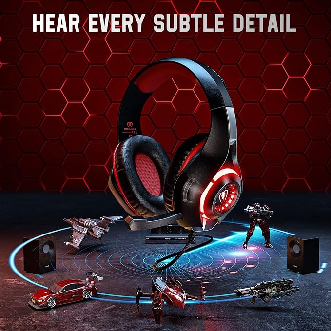 Tatybo Gaming Headset for Ps4 Ps5 Xbox One Switch PC with Noise Canceling Mic, Deep Bass Stereo Sound (Black Red)