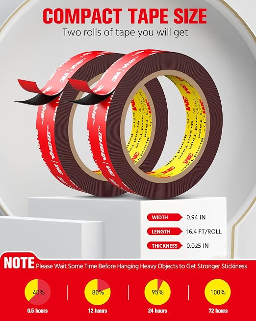 Double Sided Tape Heavy Duty (4 Pack), Waterproof Strong Mounting Adhesive Tape for Walls, Car, Home Decor, Office Decor, Made of 3M VHB Tape (16.4FT x 0.94IN)