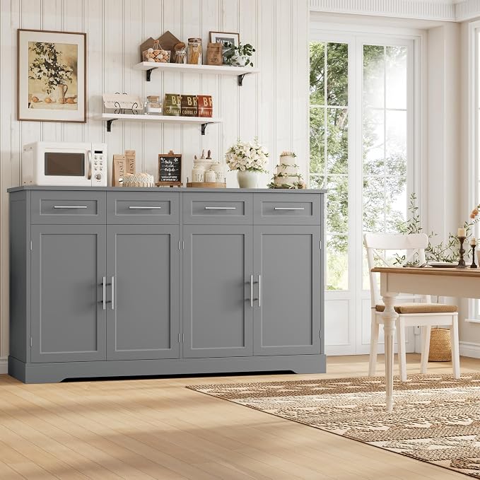 HOSTACK 60" W Sideboard Buffet Cabinet with Storage, Kitchen Cabinet, Gray | 36" Tall Kitchen Buffet Storage Cabinet with 4 Drawers, Large Coffee Bar Cabinet, Modern Buffet Table for Dining Living Room