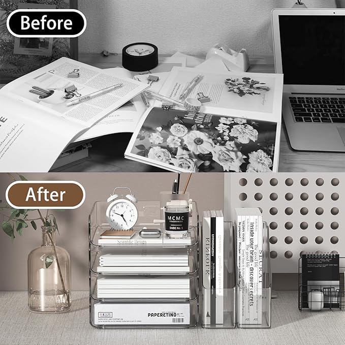4-Tier Acrylic Paper Tray Organizer | Clear Stackable Desk Organizer for Documents, Letters, A4 Paper | Modern Office/Classroom/Home Organization,Clear