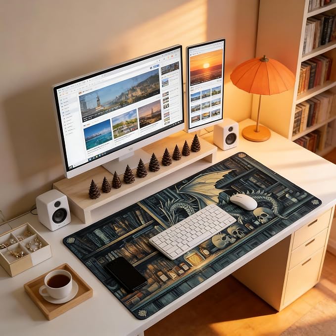 Aesthetic Dragon Gaming Mouse Pad, Deep Teal Gothic Desk Mat with Anti-Slip Base & Stitched Edges, Office Supplies & Desk Decor for Women, 35.4" x 15.7" in Home Office Essentials