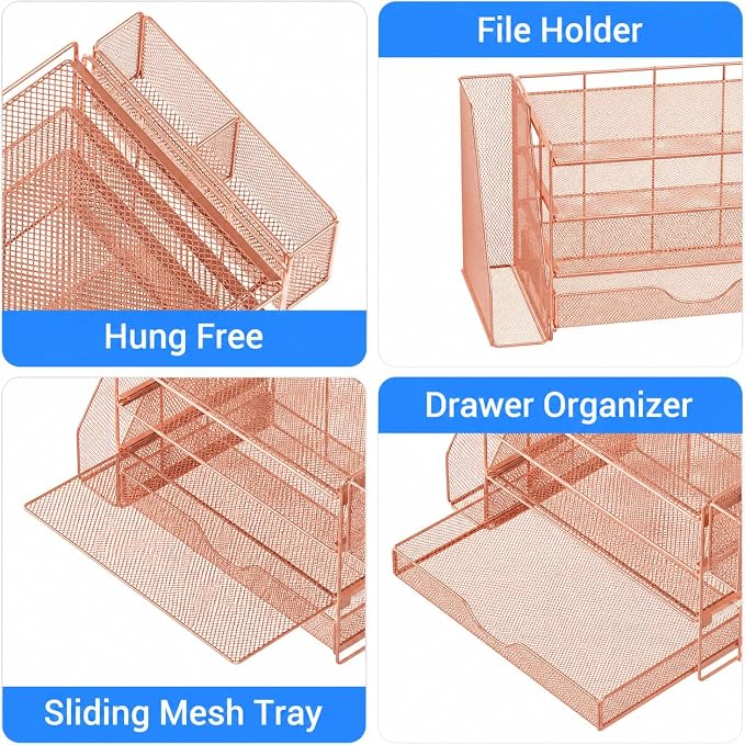 Desk Organizers and Accessories, 4-Tier Desktop File Organizer with Drawer and Pen Holders, Office Desk Accessories Workspace Organizers for Office Supplies (Rose Gold)
