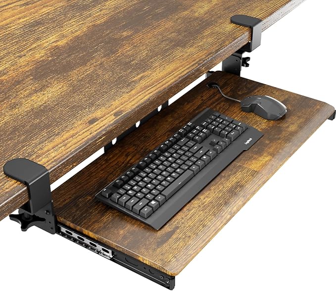 Keyboard Tray Under Desk Pull Out with Extra Sturdy C Clamp Mount System, 27.3 (32.5 inch Including Clamps) x 11 Inch Slide-Out Platform Computer Drawer for Typing Vintage AX01WG02