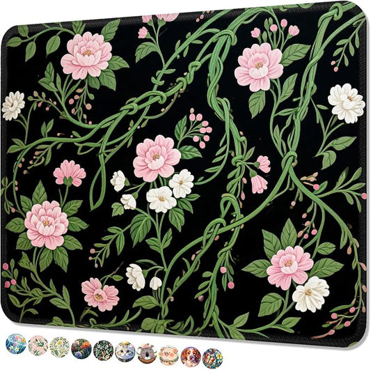 Mouse Pad, Cute Mouse Mat, 10" x 8", Pink White Peach Blossom | Square Waterproof Gaming Computer Mat, Textured Top, Stitched Edges, Non-Slip Rubber Base for Office Home Laptop Keyboard