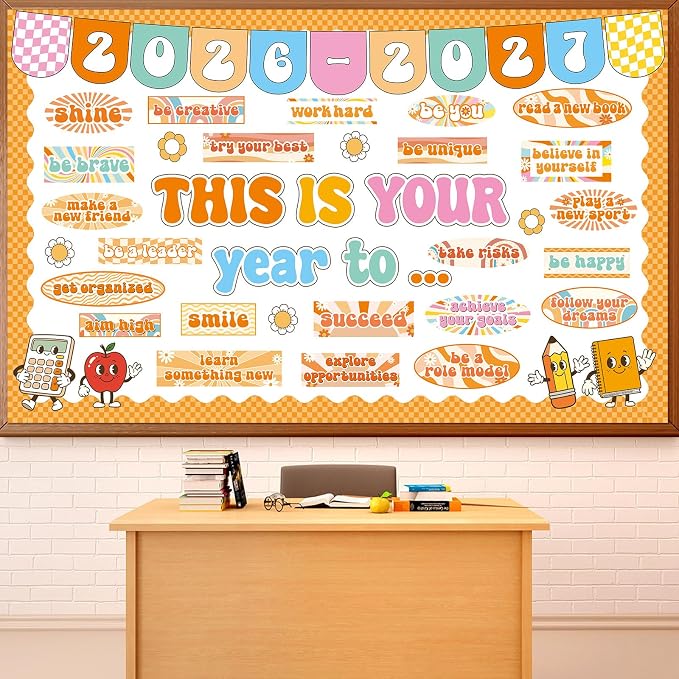 This is Your Year to Bulletin Board Set Hippie Motivational Classroom Decorations Welcome Back to School Paper Cutouts Hippie Inspirational Bulletin Board Border for Office Chalkboard Wall Door Decor