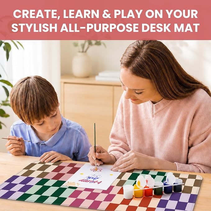 Aesthetic Desk Mat, Cute Checkered Pattern Desk Pad Protector for Work & Decor, 35.4" x 15.7", Pretty Non-Slip Extended Mouse Pad for Office or Home