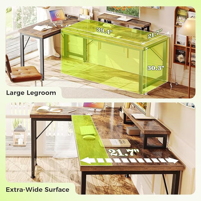 53" L Shaped Computer Desk, Outlets, Monitor Stand, Rustic Brown | USB-C Ports, Reversible Charging Station, Spacious Desktop & Legroom, 0.94 Inch Thick Desktop, for Gaming, Study & Work