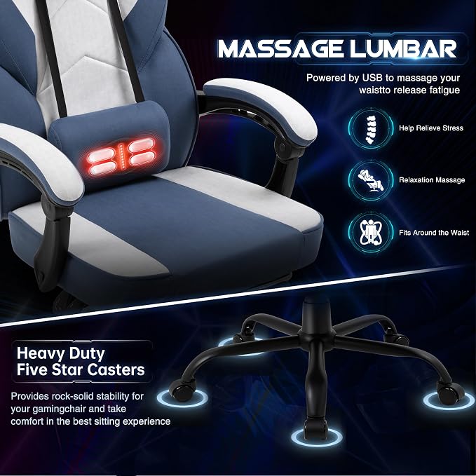 Video Gaming Chair for Adults, Computer Chair with Footrest and Ergonomic High Back, Big and Tall Gamer Chair with Massage Lumbar Support (Light Blue Fabric)