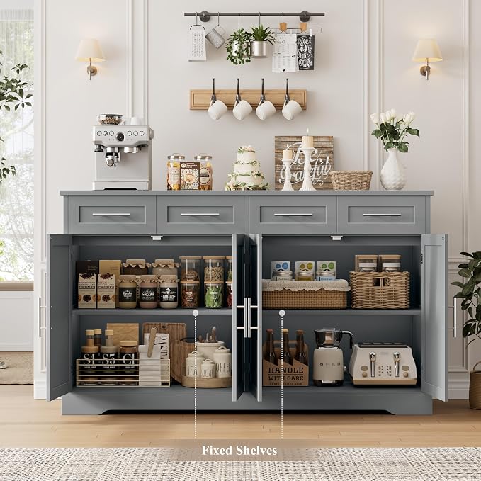 HOSTACK 60" W Sideboard Buffet Cabinet with Storage, Kitchen Cabinet, Gray | 36" Tall Kitchen Buffet Storage Cabinet with 4 Drawers, Large Coffee Bar Cabinet, Modern Buffet Table for Dining Living Room