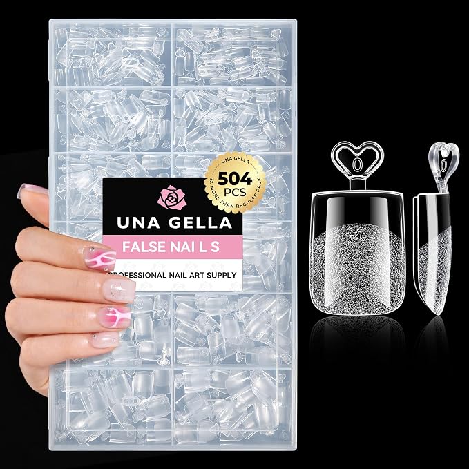 UNA GELLA Extra Short Square Nail Tips, 504PCS Sharp Square Press On Nails | XS Sharp Square Soft Gel Full Cover False Nails, 12 Sizes Pre-Etched Acrylic Nail Tips for French Style DIY Salon at Home