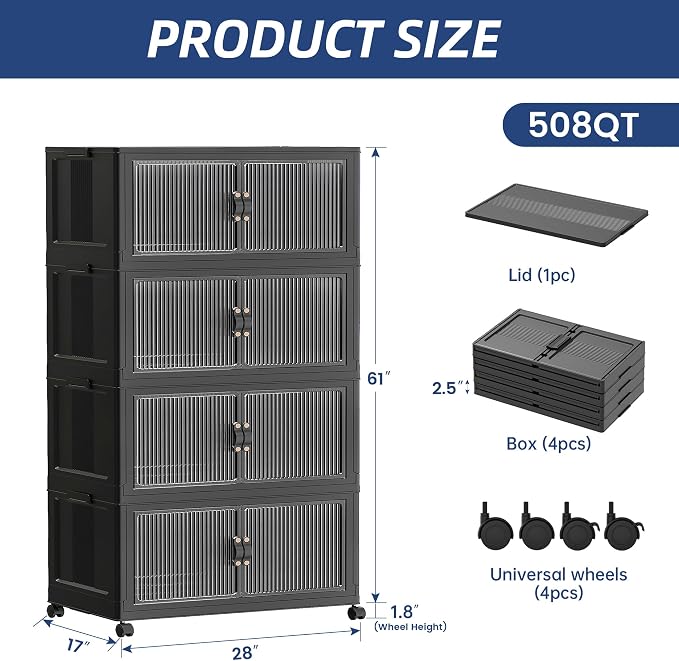 SAILUN 580Qt Stackable Storage Bins,Storage Cabinet with a Lid,4 Pack Black | Stackable Storage Drawers with Lids,28" W x 17" D x 61" H,Featuring open-front Access for Clothes and Closet Storage