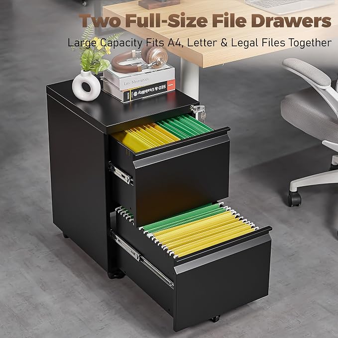 Approgreent 2 Drawer Metal File Cabinet, Fully Assembled Locking Filing Cabinet with Anti-Tipping Wheels, Quiet Slide, Heavy-Duty Steel Construction, Fits A4 Letter Legal for Home Office, Matte Black