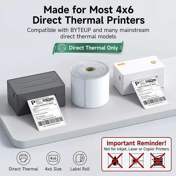 4x6 Direct Thermal Labels for Shipping, Roll Commercial Grade Permanent Adhesive, Compatible with Thermal Printers for Packages and Mail (500 Sheets/Roll, 4“ x 6"),Doesn't Compatible with Dymo