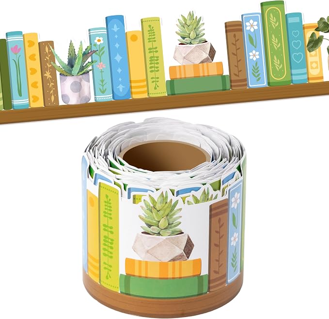 BeYumi Plant Bookshelf Border Trim - 65ft Back to School Green Plant Books Rolled Border Trim Green Potted Plants Bookshelf Bulletin Board Set Library Classroom Office Chalkboard Home Wall Party Decor