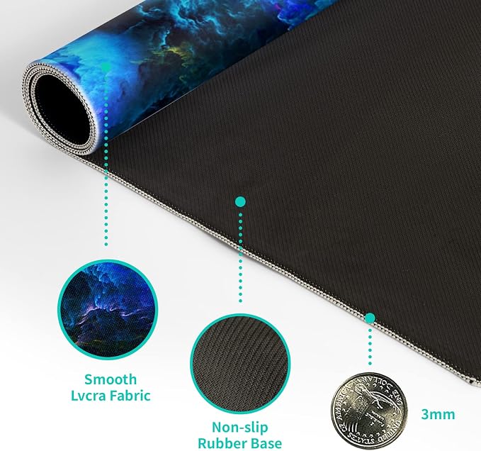Dazzling Galaxy Gaming Mouse Pad 31.5x11.8 Inch Blue Purple Galaxy Nebula Universe Space Large Mousepad Non-Slip Rubber Base Stitched Edges Keyboard Mouse Mat Desk Pad for Office Home and Game