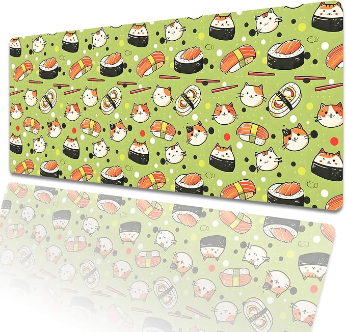 Sushi Cat Green Extended Mouse Pad 31.5x11.8in, Cute Food Pattern Large Desk Mat with Non-Slip Rubber Base, Big Mousepad for Laptop Computer PC, Gaming Office Home Decor, Deskmat Gifts