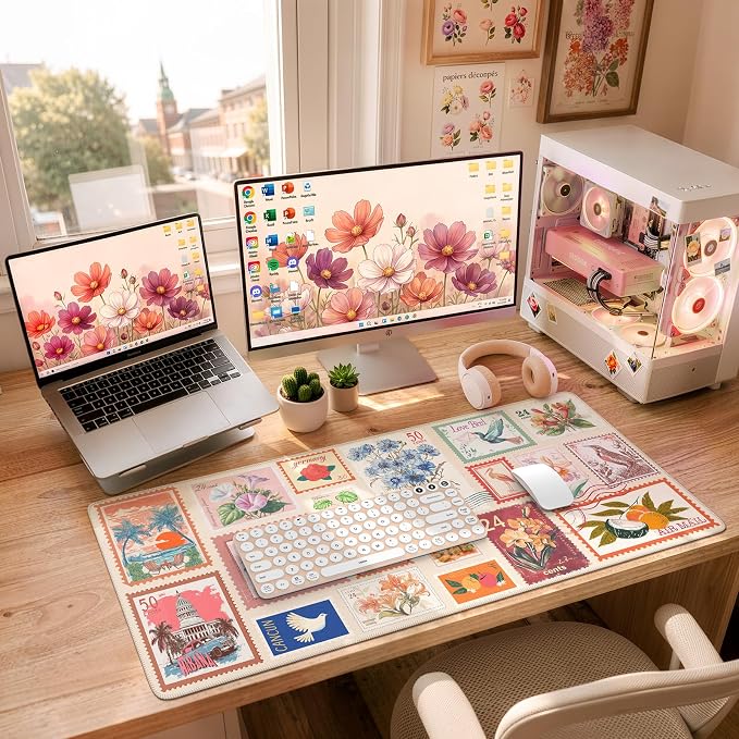 iCasso Vintage Floral Desk Mat, XXL Collage Mouse Pad,Beige | Anti-Slip Big Mousepad with Stitched Edges for Aesthetic Office Decor,Cute Desk Decor Accessories