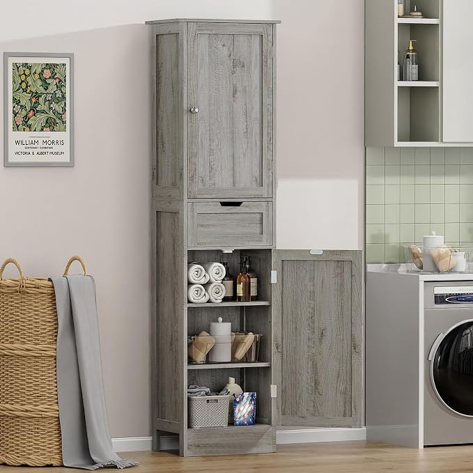 Iwell 67" Tall Bathroom Cabinet with Adjustable Shelves & 1 Drawer, Storage Cabinet with 2 Doors, Narrow Tall Cabinet, Floor Cabinet for Bathroom, Living Room, Home Office, Grey