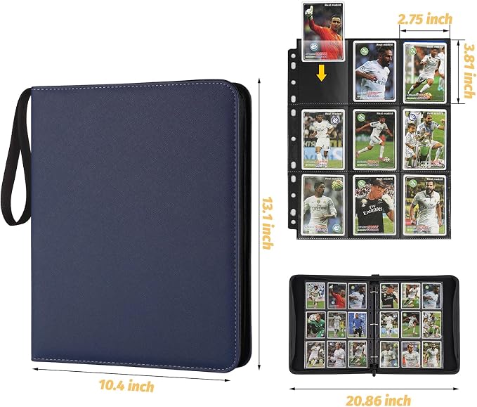 GERMUN 3 Ring 9 Pocket Zipper Card Binder, 720 Double Sided Standard PU Trading Card Album Folder for TCG & Sports Cards, Not Fit Top Loaders (DARK BLUE)