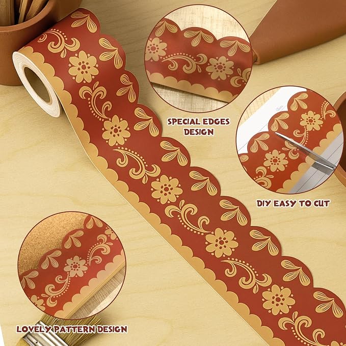 32.8 Ft Spanish Bulletin Board Borders, Fiesta Scalloped Trim | Terra Cotta with Gold Floral Design, Ideal for Classroom and Office Displays, Scalloped Edges for Fiesta Parties