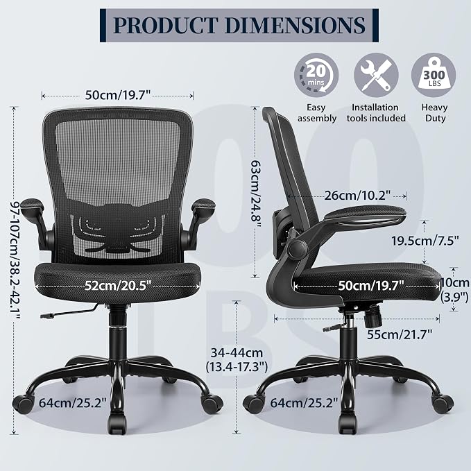 FelixKing Office Chair, Ergonomic Comfy Desk Chair with Flip-up Armrests | Adjustable Height, 360° Swivel, Flexible Tilt, Breathable Cushion and Fabric, Lumbar Support for Home Conference Room Office