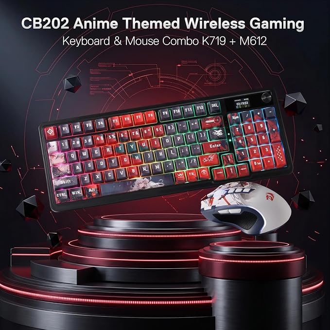 Redragon Anime Keyboard & Mouse Combo, K719 PRO KB + M612AK 8000 DPI Mice | Multi-Function Control Knob, LED Screen & Knob, 0-Delay Tri-Mode, 95 keys Creamy Cushioned Typing, 9 Button Macro Combos