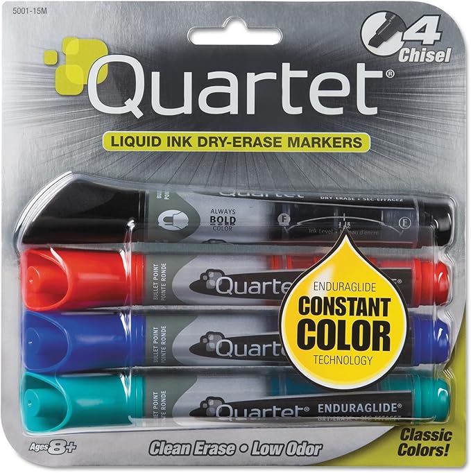 Quartet Dry Erase Markers, Whiteboard Markers, Chisel Tip, EnduraGlide, White Board Dry Erase Pens for Teachers, Home School & Office Supplies, Assorted Classic Colors, 4 Pack (5001M)