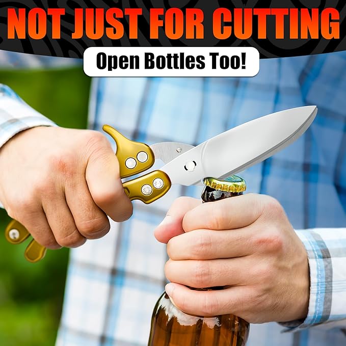 4-in-1 Multifunction Heavy Duty Kitchen Shears – Sharp Seafood, Fish, Turkey & Chicken Shears with Non-Slip Metal Handle & Micro-Serrated Blades for Meat – Spring-Loaded Bone Scissors (Gold)