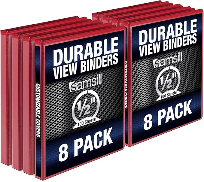 Samsill 8 Pack Durable 0.5 Inch 3 Ring Binders, Round Ring, Clear View Cover for Presentations, Red