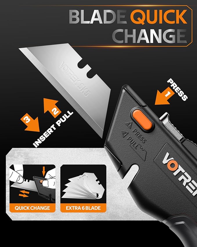 VOTREK® Box Cutter Utility Knife, [2-in-1] Retractable Box Cutter, Box Opener, Package Opener, Safety Heavy Duty Sharp Razor Knife for Home & Warehouse Cardboard, Blade Storage, with Extra Blades