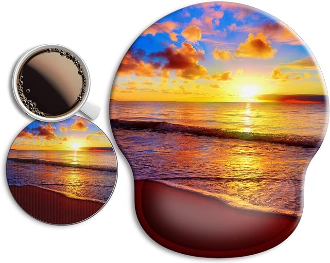 Ergonomic Mouse Pad with Wrist Support Rest,Large Mousepad Gel Wrist Rest, with Coaster Non-Slip & Pain Relief for Computer, Desk, Home&Office-Sunset Beach