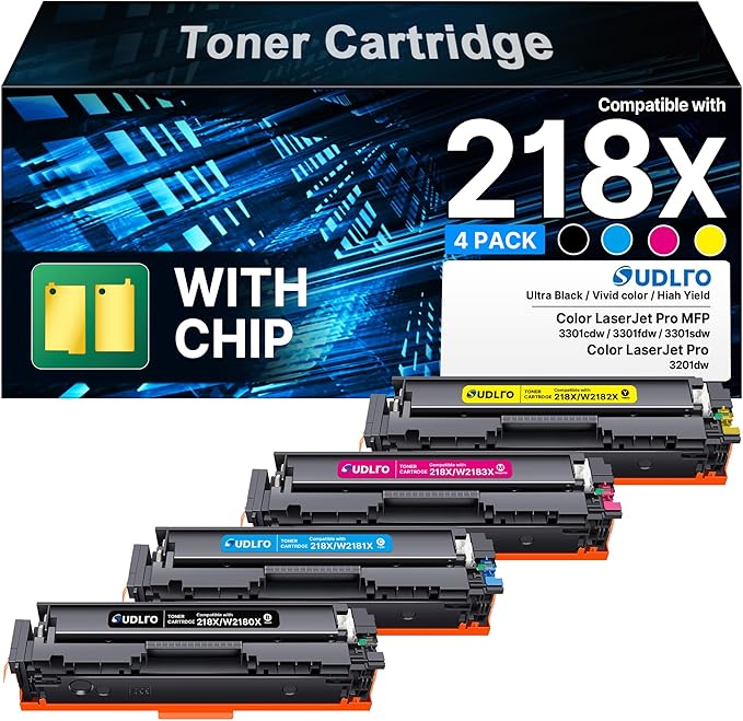 SUDLTO 218X Toner with Chip Compatible for HP 218X Toner Cartridges 4 Pack | 218x toner cartridges Work for HP laser jet pro mfp 3301 toner 3301cdw 3301sdw 3201dw 4Pack 218 for hp 218x toner