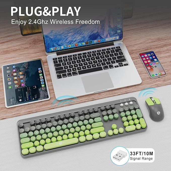 Wireless Keyboard and Mouse Combo, 104 Keys Full-Sized 2.4 GHz Round Keycap Colorful Keyboards, USB Receiver Plug and Play, for Windows, Mac, PC, Laptop, Desktop (GreyGreen)