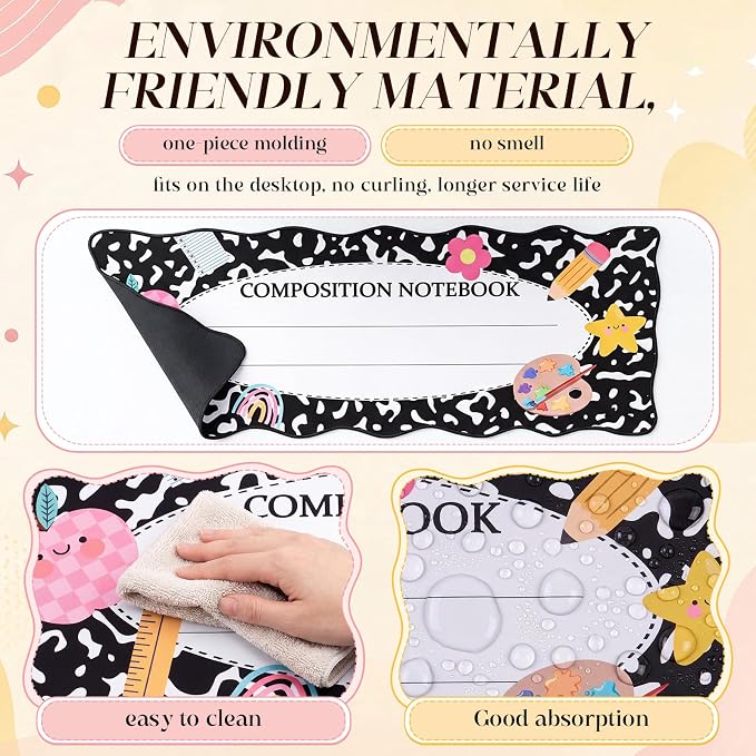 1 Pcs Composition Book Scalloped Desk Mat 31.5 x 11.8 Inch Large Cute Mouse Pad Computer Mat Non Slip Waterproof Rubber Base with Border Stitching Soft Keyboard Pad for Teacher Desk Home Office