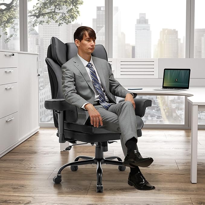 650lbs Big and Tall Office Chair with for Heavy People with Massage Lumbar Pillow, Heavy Duty Executive Desk Chair with Adjustable Padded Armrest & Lumbar Support for Adults 8 Hours Daliy Work