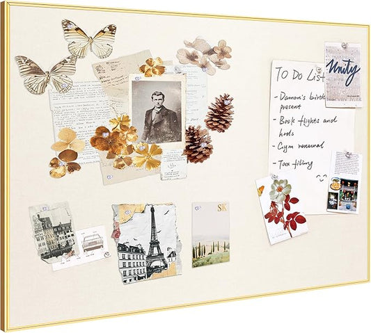 Bulletin Board 40 x 30 inches, Oatmeal White Pin Board, Golden Aluminum Framed Fabric Cork Board with 10 Push Pins
