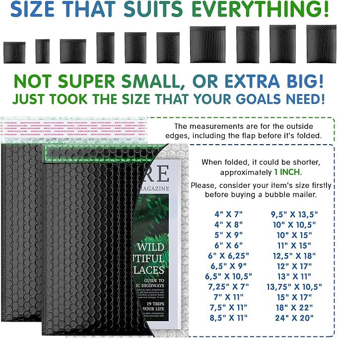 Glamour Metallic Bubble Mailers 9.5 x 13.5 Inches Black, 100 Pack Padded Envelopes for Shipping, Mailing, Packaging Protection