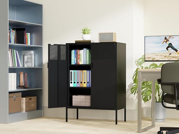 Chshin Metal Storage Cabinet,Kitchen Pantry Storage Cabinets with Doors,Buffet Cabinet with 2 Adjustable Shelves,Black Pantry Cabinets,Steel Sideboard for Home,Shoes,Office,Dining Room