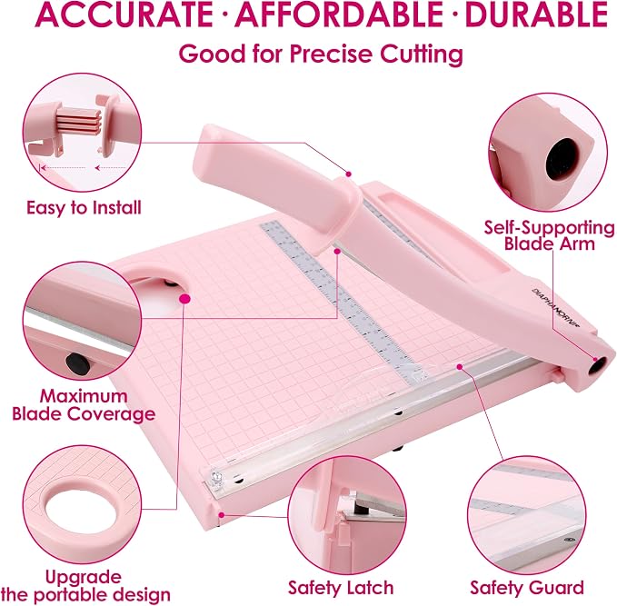 12" Paper Cutter, Precision Cut with Safety Protection and Blade Lock, 12 Sheet Capacity, Great for Cardstock, Cardboard, Photo, Vinyl, Crafts, Scrapbook (Pink)