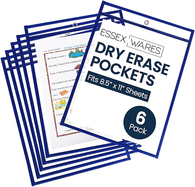 Essex Wares - 6 Pack, Blue, Dry Erase Pocket Document Protectors, 10" Wide x 13.5" Tall - Dry Erase Clear Plastic Sleeves - Reusable & Easy Erase Plastic Invoice Holders, Water-Resistant & Durable