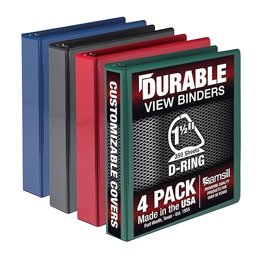 Samsill Durable 1.5 inch 3 Ring Binder, D Ring Binder, 100% Recycled Chipboard, Basis Assortment, 4 Pack