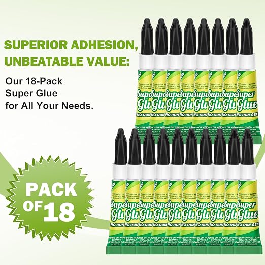 Super Glue Gel Clear 3 Gram (Pack of 18) for Plastic Metal & Wood – Instant CA Adhesive All Purpose Multipack, Cyanoacrylate Glue for Ceramic 3D Printing Shoe Crafts, Strong Bonding Single Use Minis