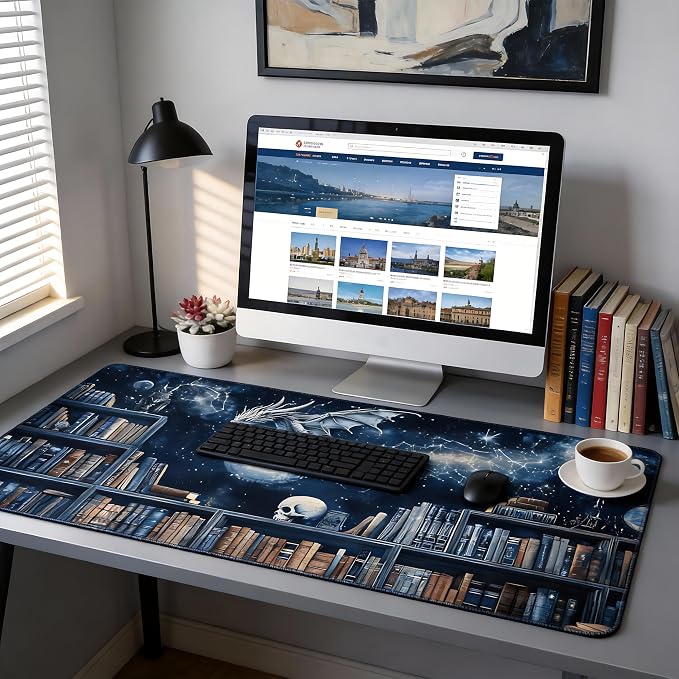 Aesthetic Dragon Gaming Mouse Pad, Black Blue Mystical Desk Mat with Anti-Slip Base & Stitched Edges, Computer Keyboard & Laptop Pad, 35.4" x 15.7" in in Workstation Accessories