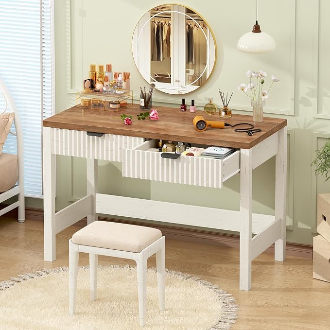 39 Inch Small Fluted Computer Desk with 2 Drawers for Bedroom, Home Office | Small Computer Desk with Storage, Compact Writing Study Desk for Small Spaces, Brown & White